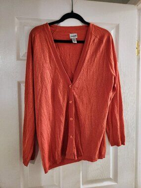 Chico’s Size 3 Coral Silk Cotton Blend V-Neck Button Cardigan Sweater Lightweigh